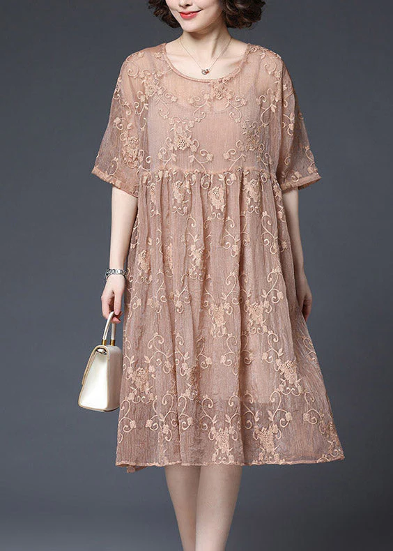 Style Pink O-Neck embroidery Wrinkled Lace Dress Two Piece Set Short Sleeve - Image 3