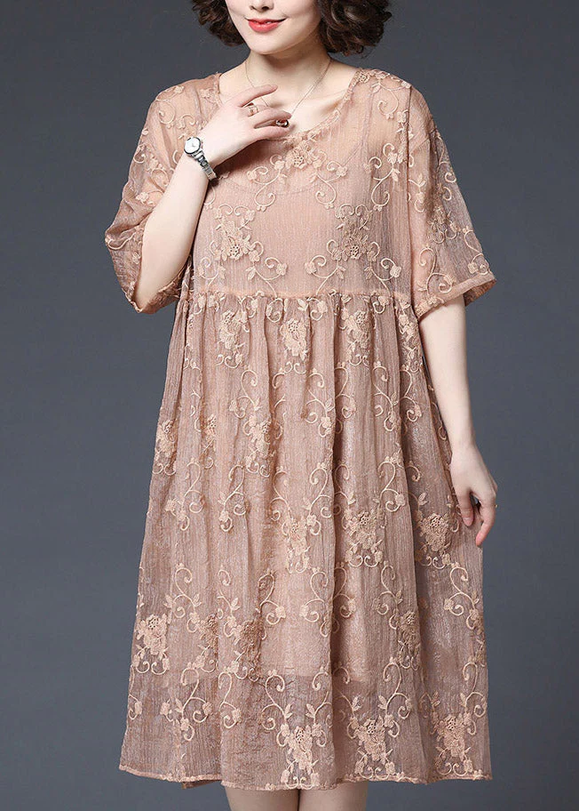 Style Pink O-Neck embroidery Wrinkled Lace Dress Two Piece Set Short Sleeve - Image 4