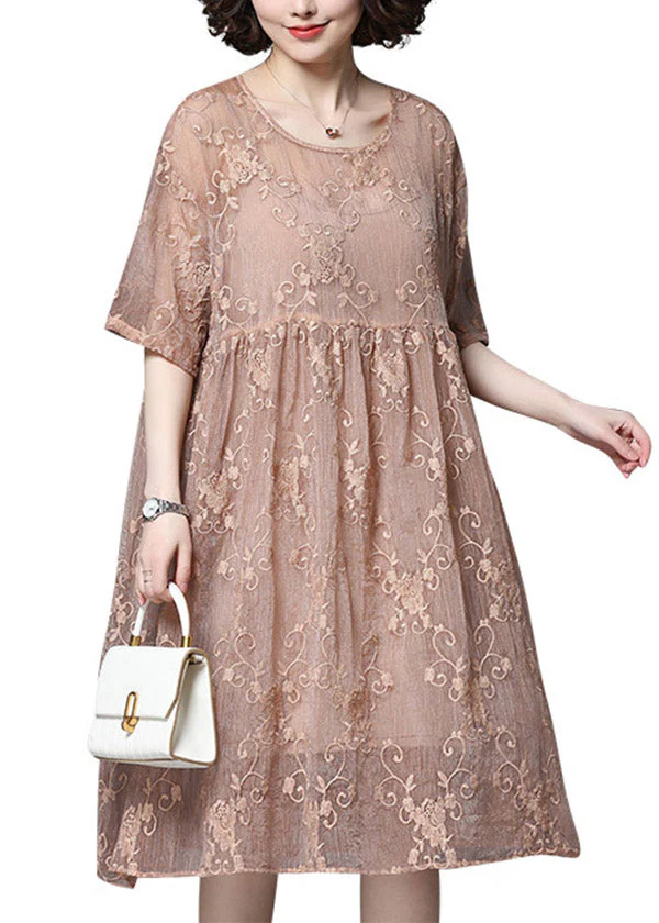Style Pink O-Neck embroidery Wrinkled Lace Dress Two Piece Set Short Sleeve - Image 5