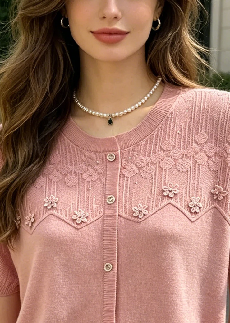 Style Pink O-Neck Patchwork Flower Knit Top Summer - Image 2