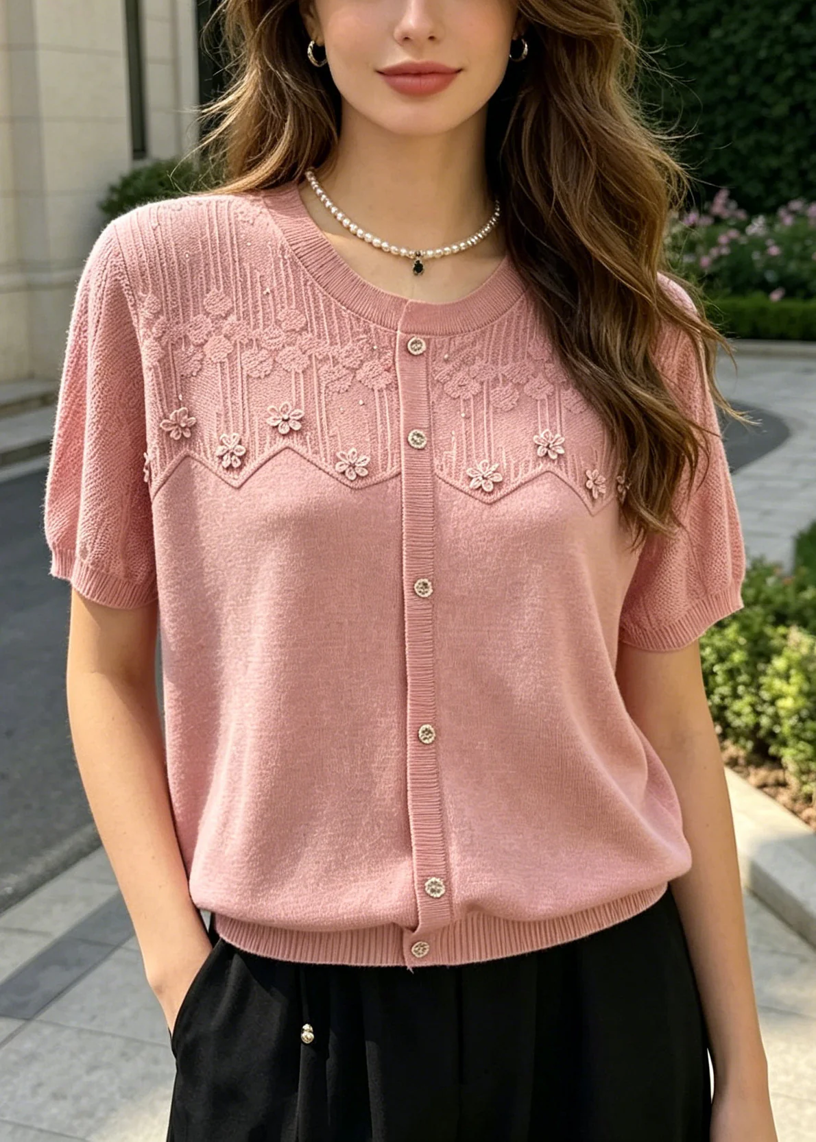 Style Pink O-Neck Patchwork Flower Knit Top Summer - Image 3