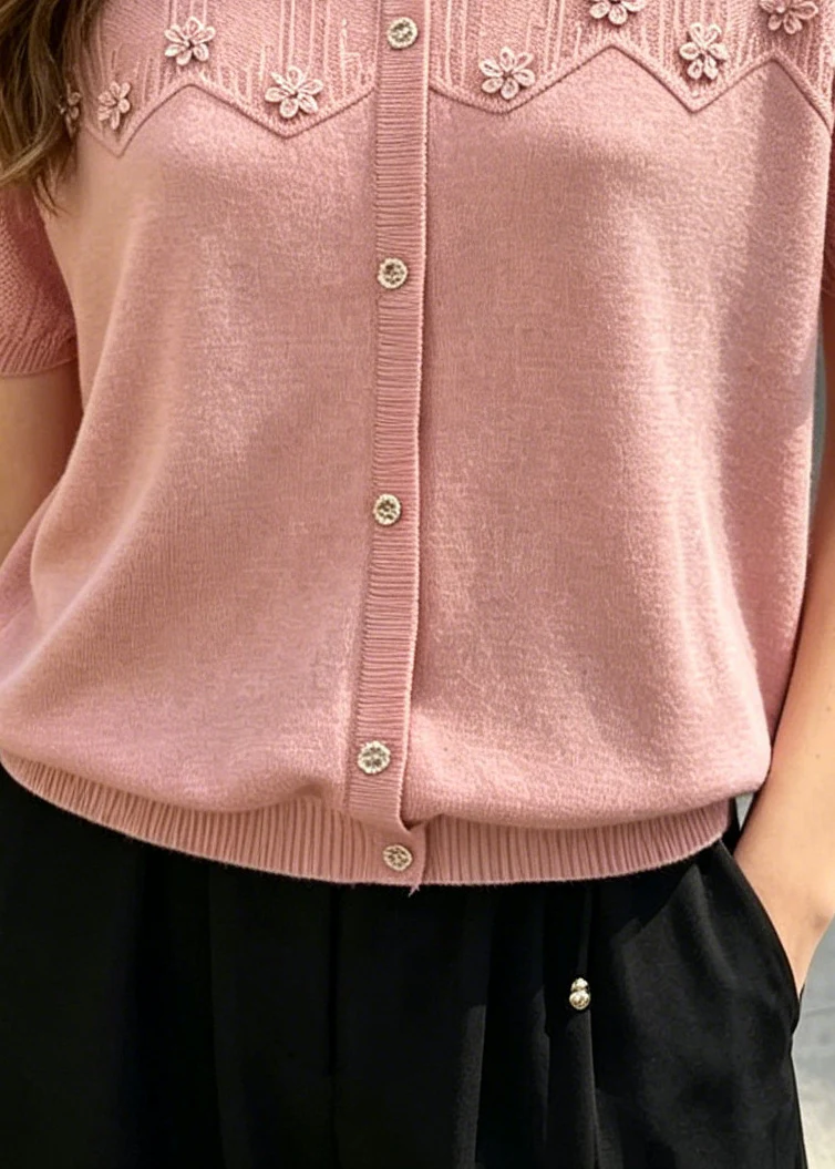 Style Pink O-Neck Patchwork Flower Knit Top Summer - Image 4
