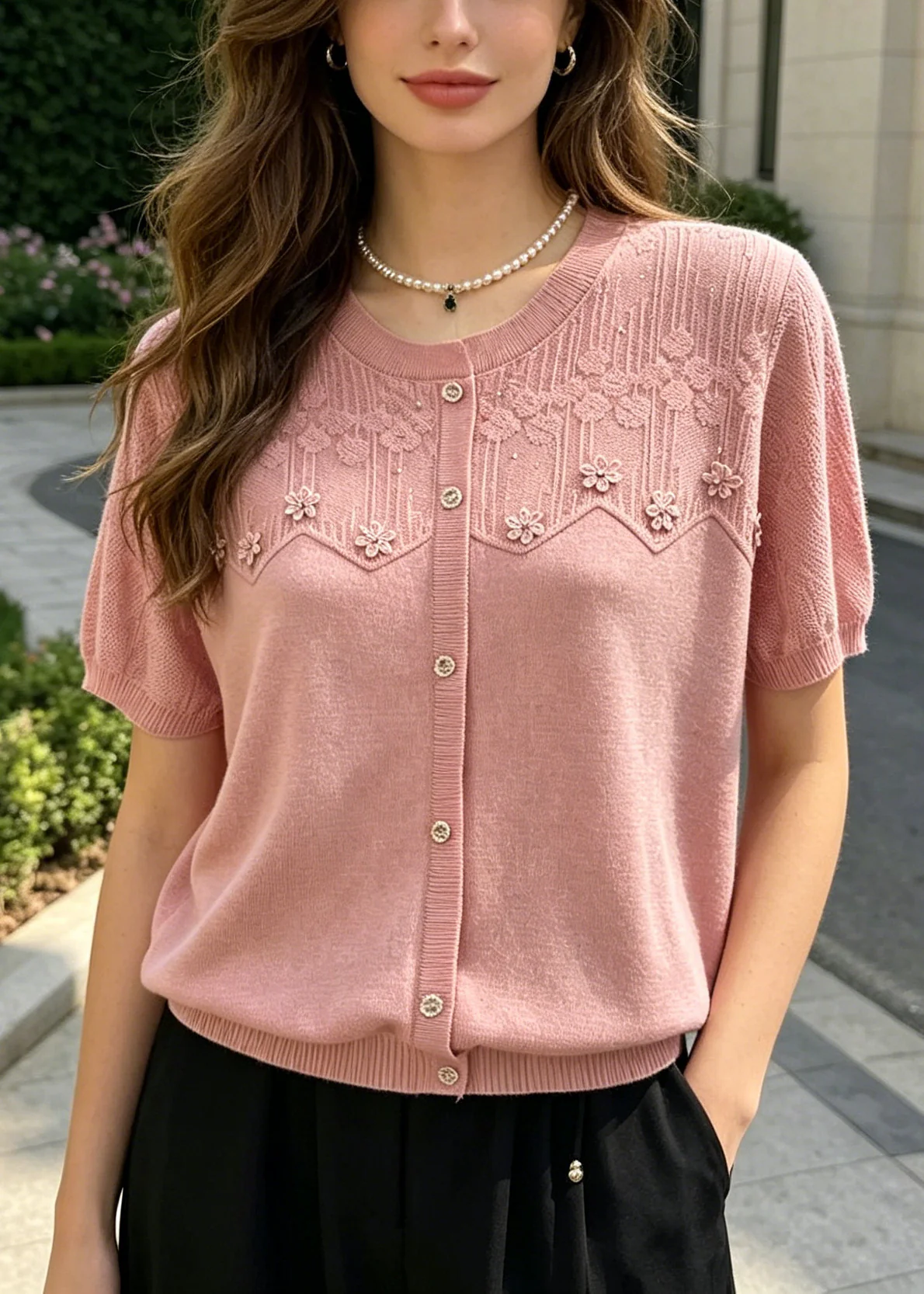 Style Pink O-Neck Patchwork Flower Knit Top Summer - Image 5