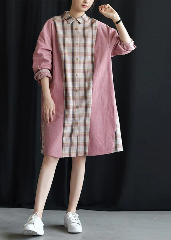 Style pink patchwork Plaid Cotton clothes lapel tie waist Plus Size fall Dresses - Image 2
