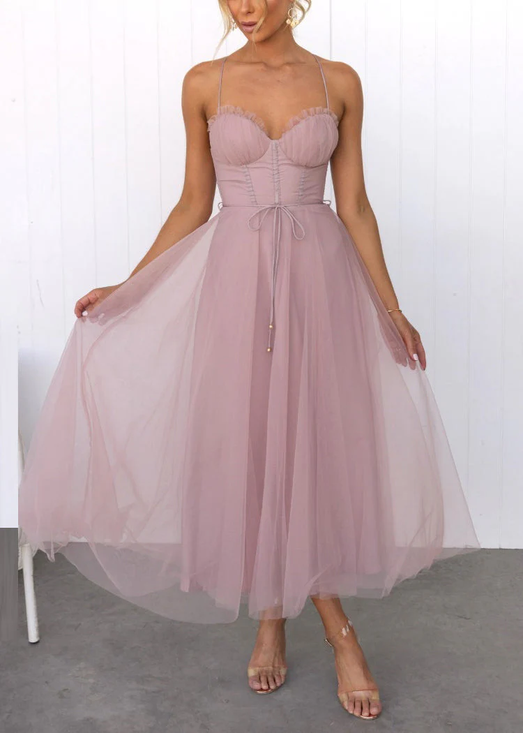 Style Pink Patchwork Tulle Tulle Long Spaghetti Strap Dresses Sleeveles - Image 3