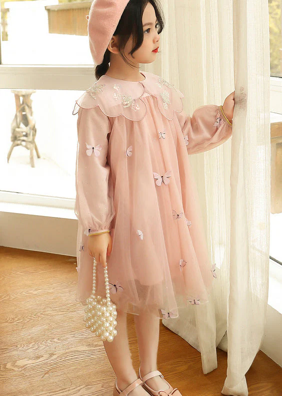 Style Pink Peter Pan Collar Butterfly Patchwork Tulle Baby Girls Dress Fall - Image 3