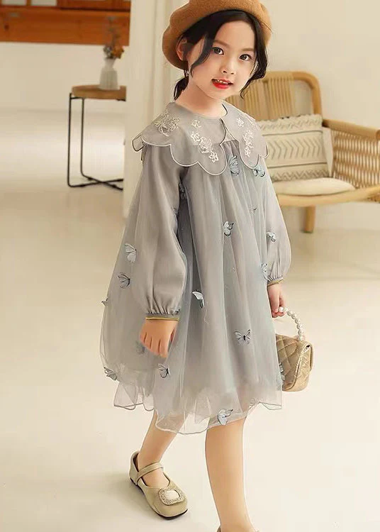 Style Pink Peter Pan Collar Butterfly Patchwork Tulle Baby Girls Dress Fall - Image 4