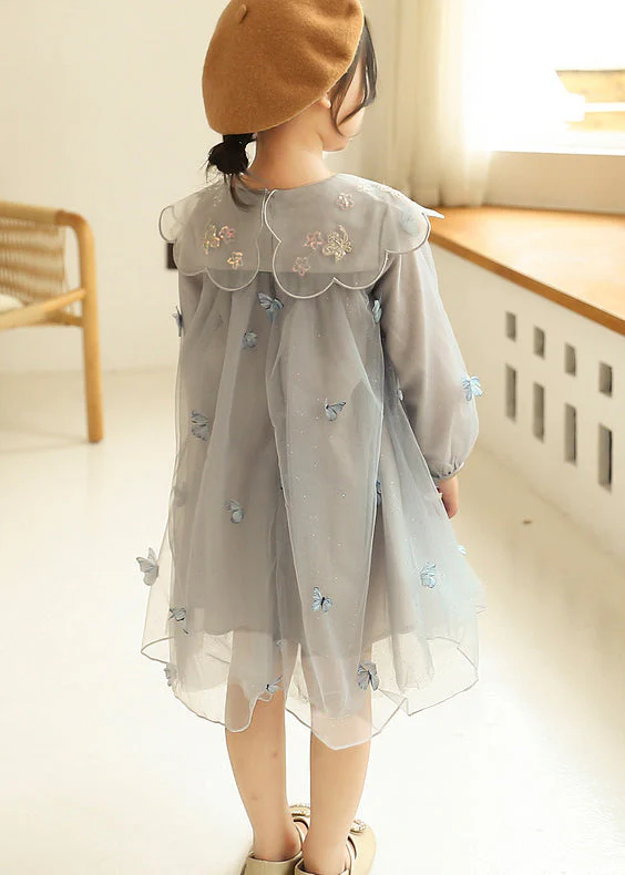 Style Pink Peter Pan Collar Butterfly Patchwork Tulle Baby Girls Dress Fall - Image 5