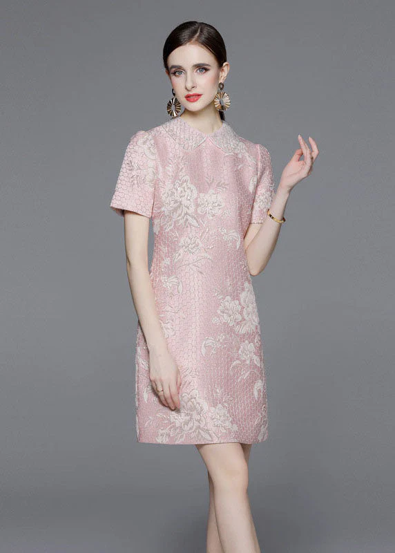 Style Pink Peter Pan Collar Jacquard Patchwork Cotton Mid Dress Summer - Image 2