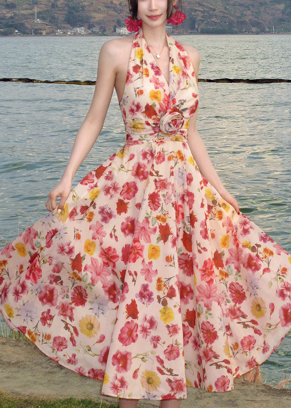 Style Pink Print Exra Large Hem Chiffon Halter Beach Dress Summer - Image 2