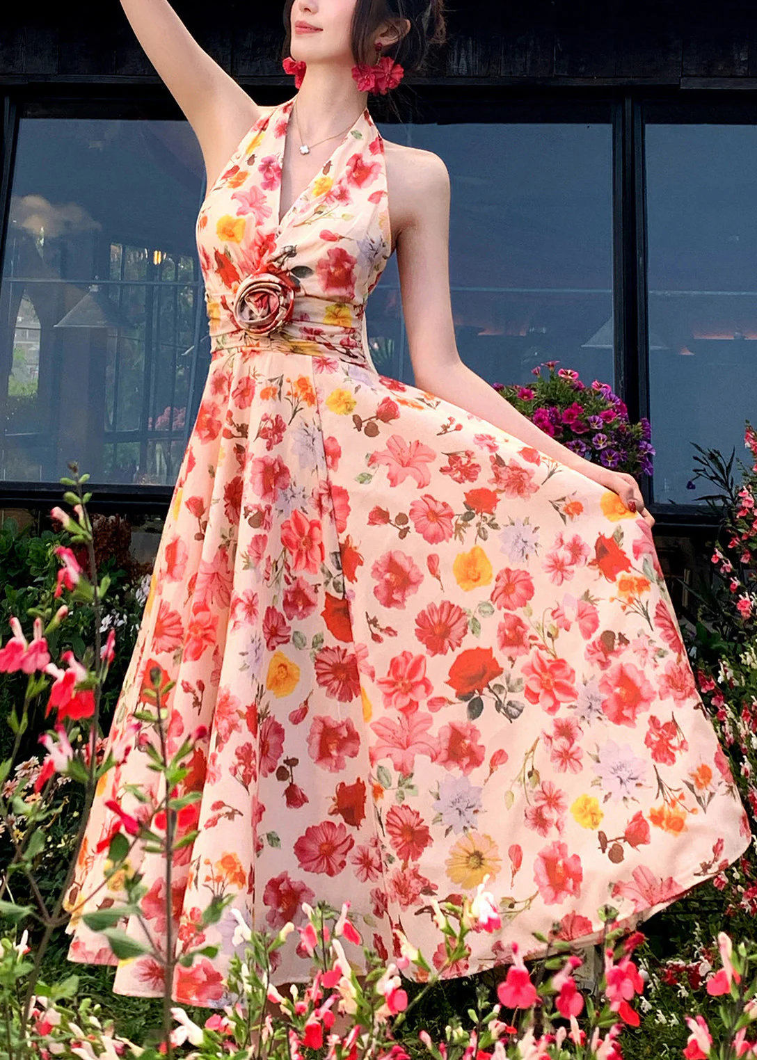 Style Pink Print Exra Large Hem Chiffon Halter Beach Dress Summer - Image 3