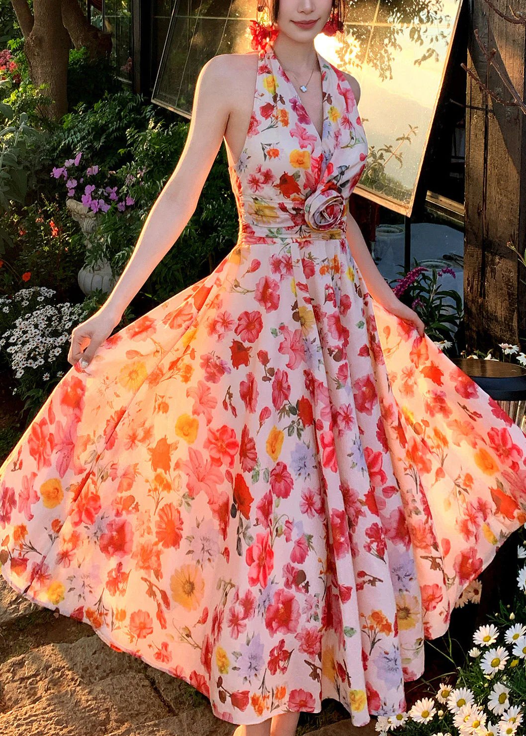 Style Pink Print Exra Large Hem Chiffon Halter Beach Dress Summer - Image 4