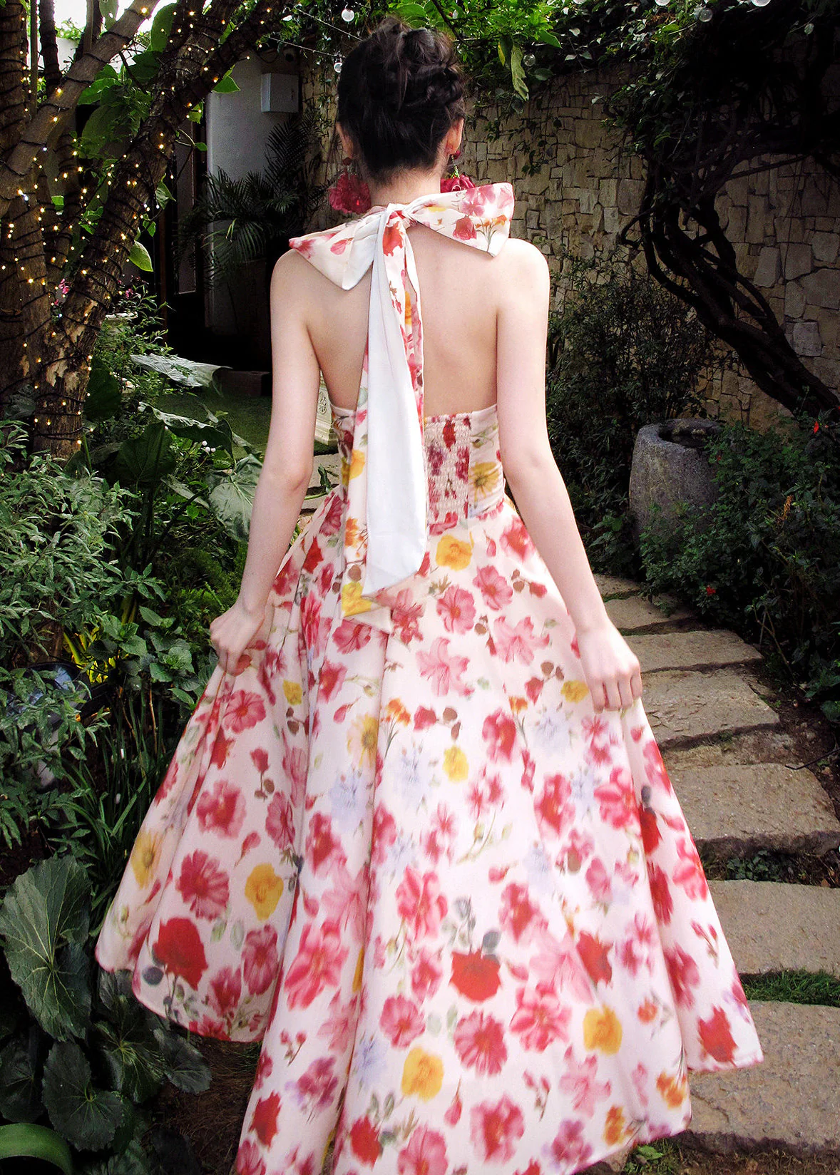 Style Pink Print Exra Large Hem Chiffon Halter Beach Dress Summer - Image 5