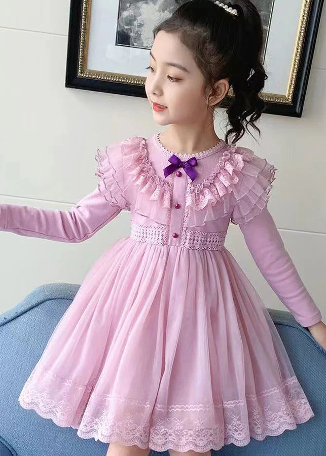 Style Pink Ruffled Lace Patchwork Warm Fleece Kids Girls Dresses Winter