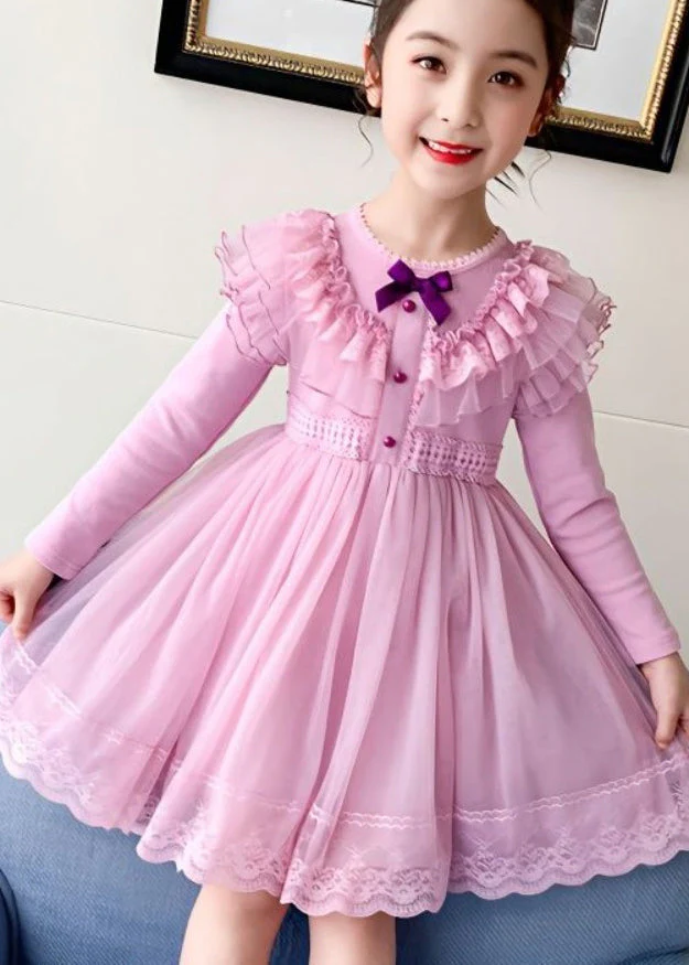Style Pink Ruffled Lace Patchwork Warm Fleece Kids Girls Dresses Winter - Image 2
