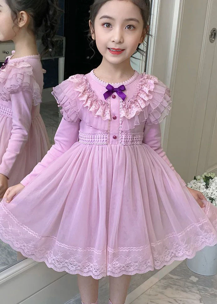 Style Pink Ruffled Lace Patchwork Warm Fleece Kids Girls Dresses Winter - Image 3