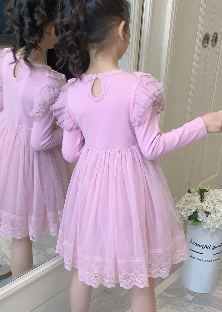 Style Pink Ruffled Lace Patchwork Warm Fleece Kids Girls Dresses Winter - Image 4