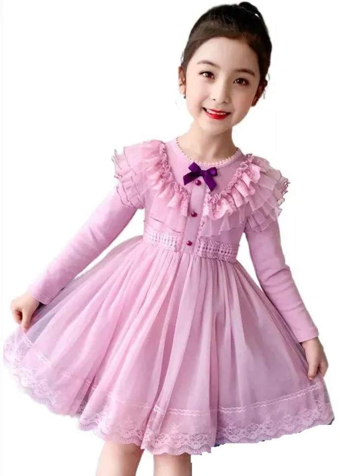 Style Pink Ruffled Lace Patchwork Warm Fleece Kids Girls Dresses Winter - Image 5