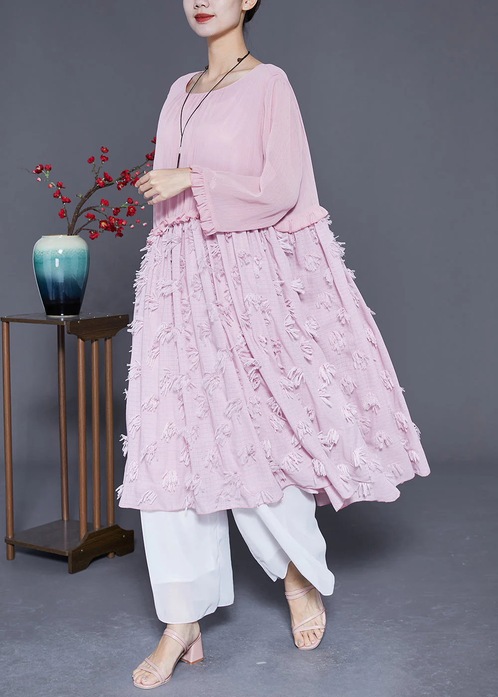 Style Pink Ruffled Patchwork Chiffon Long Dress Summer - Image 2