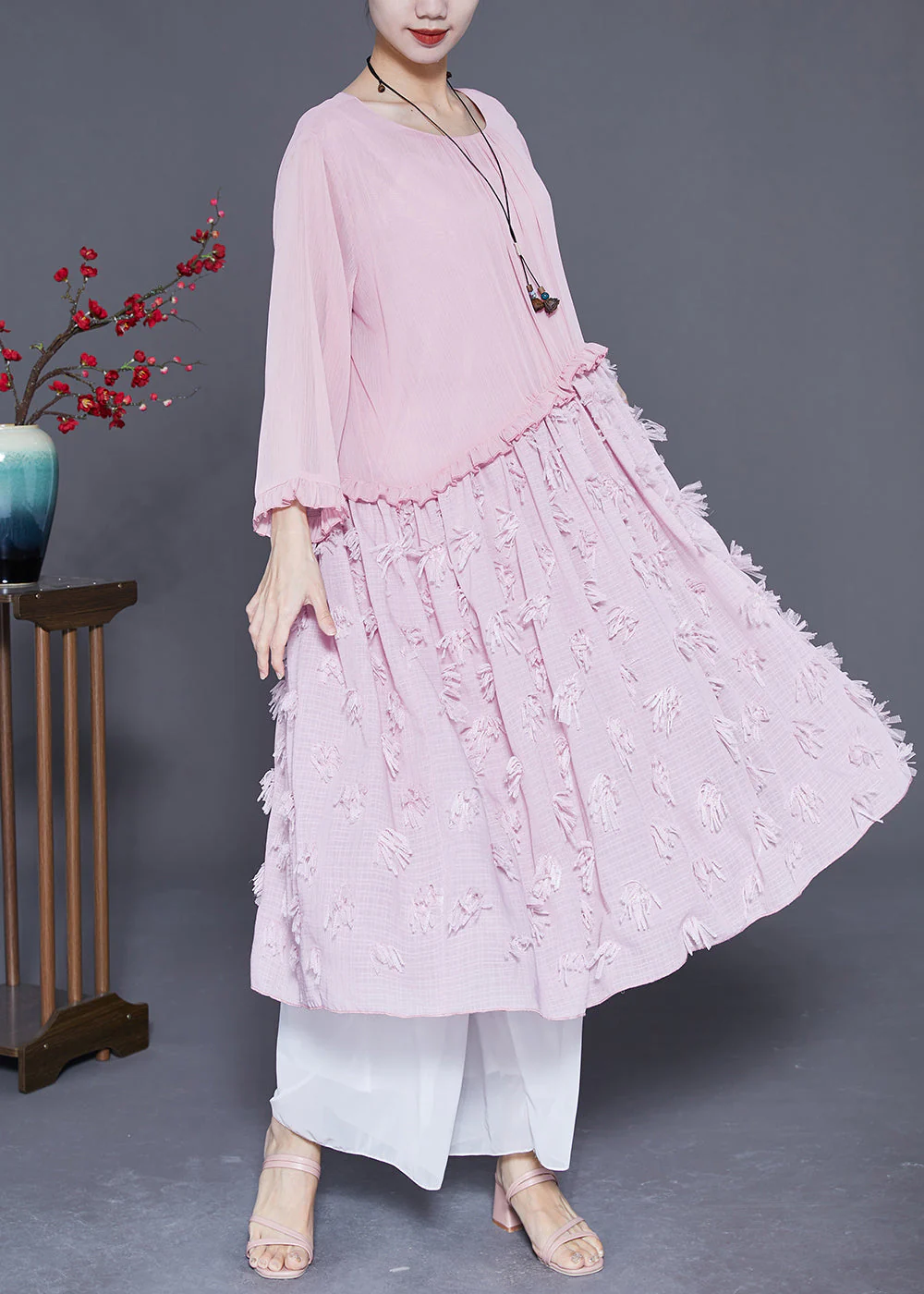 Style Pink Ruffled Patchwork Chiffon Long Dress Summer - Image 3