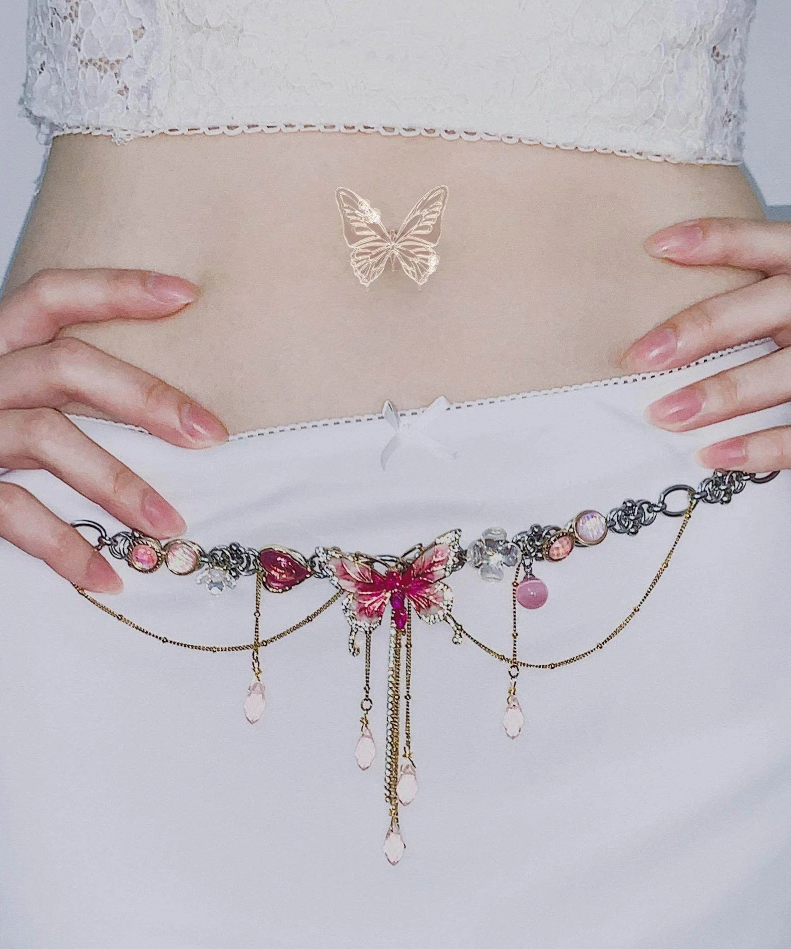 Style Pink Stainless Steel Butterfly Tassel Lariat Necklace - Image 2