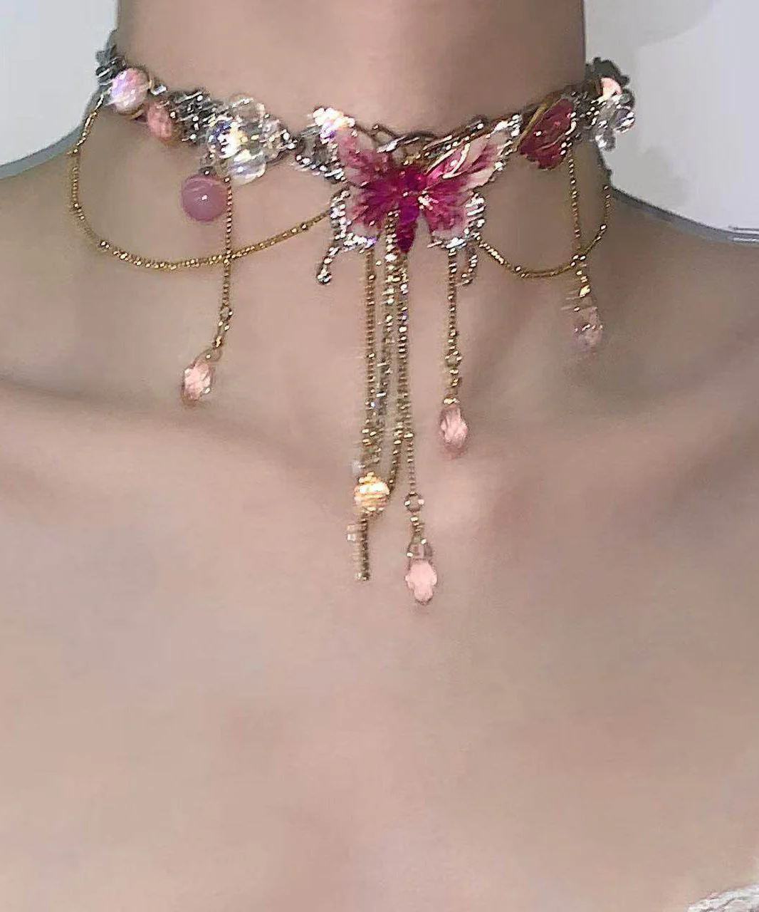 Style Pink Stainless Steel Butterfly Tassel Lariat Necklace - Image 3