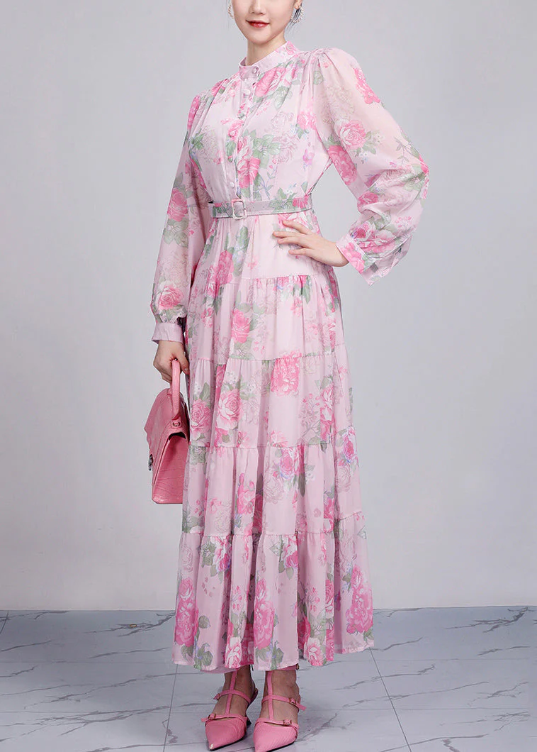 Style Pink Stand Collar Print Cotton Party Dress Long Sleeve - Image 2
