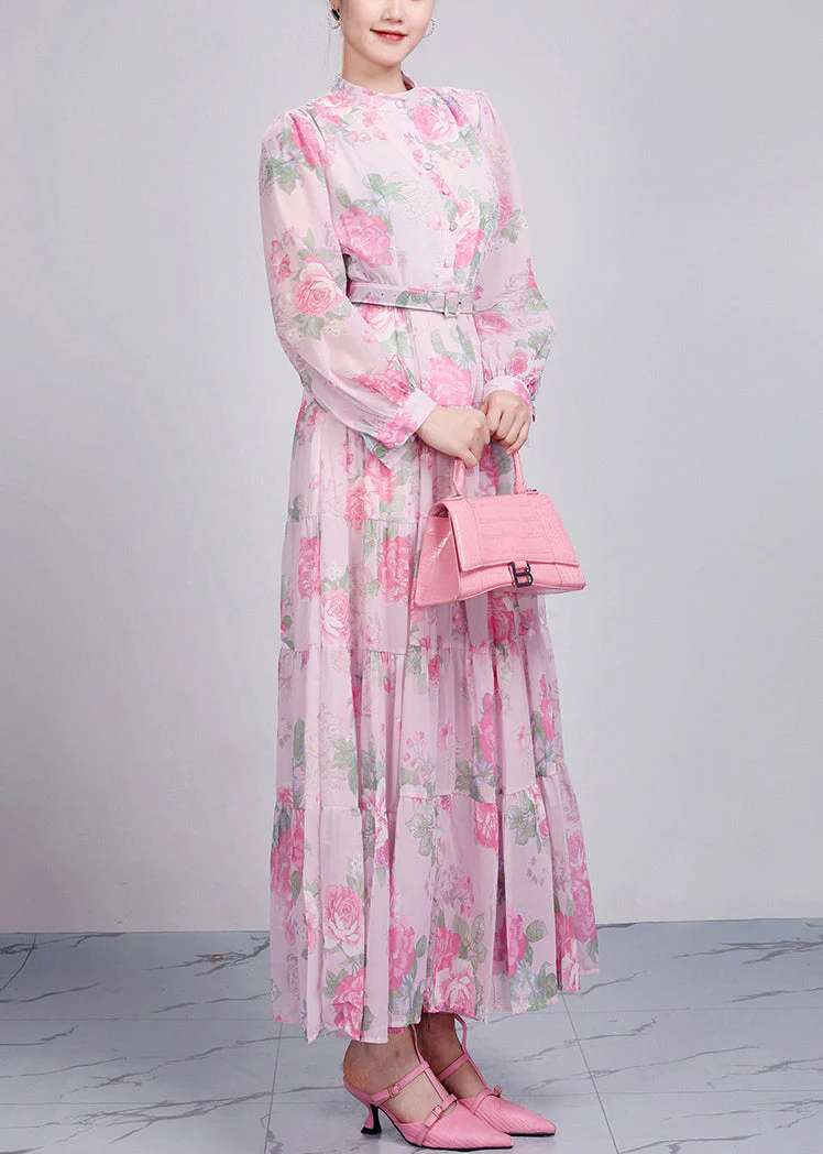 Style Pink Stand Collar Print Cotton Party Dress Long Sleeve - Image 3