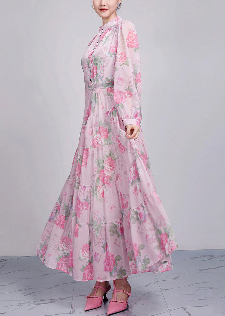 Style Pink Stand Collar Print Cotton Party Dress Long Sleeve - Image 4