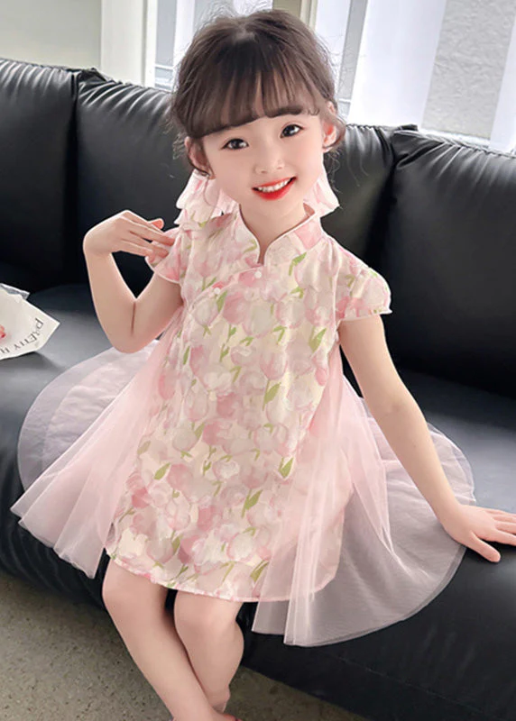 Style Pink Stand Collar Print Tulle Patchwork Button Girls Mid Dress Short Sleeve - Image 2
