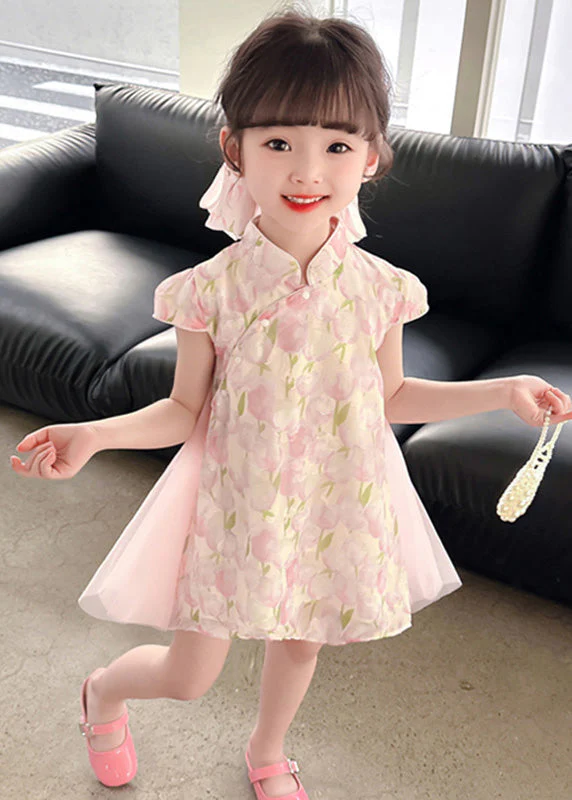 Style Pink Stand Collar Print Tulle Patchwork Button Girls Mid Dress Short Sleeve - Image 3