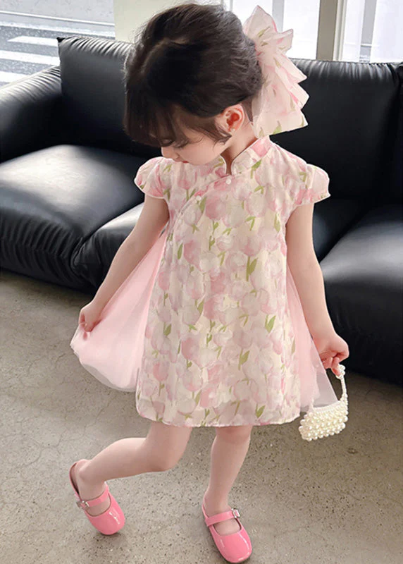 Style Pink Stand Collar Print Tulle Patchwork Button Girls Mid Dress Short Sleeve - Image 4