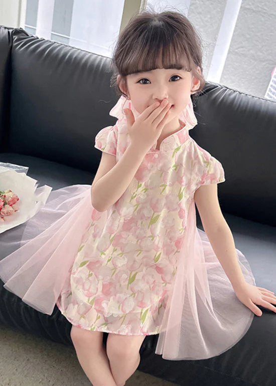 Style Pink Stand Collar Print Tulle Patchwork Button Girls Mid Dress Short Sleeve - Image 5