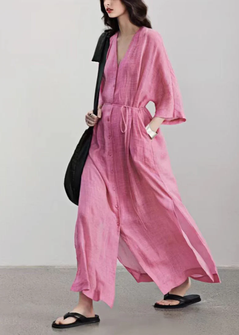 Style Pink V Neck Button Lace Up Linen Long Dress Summer - Image 2