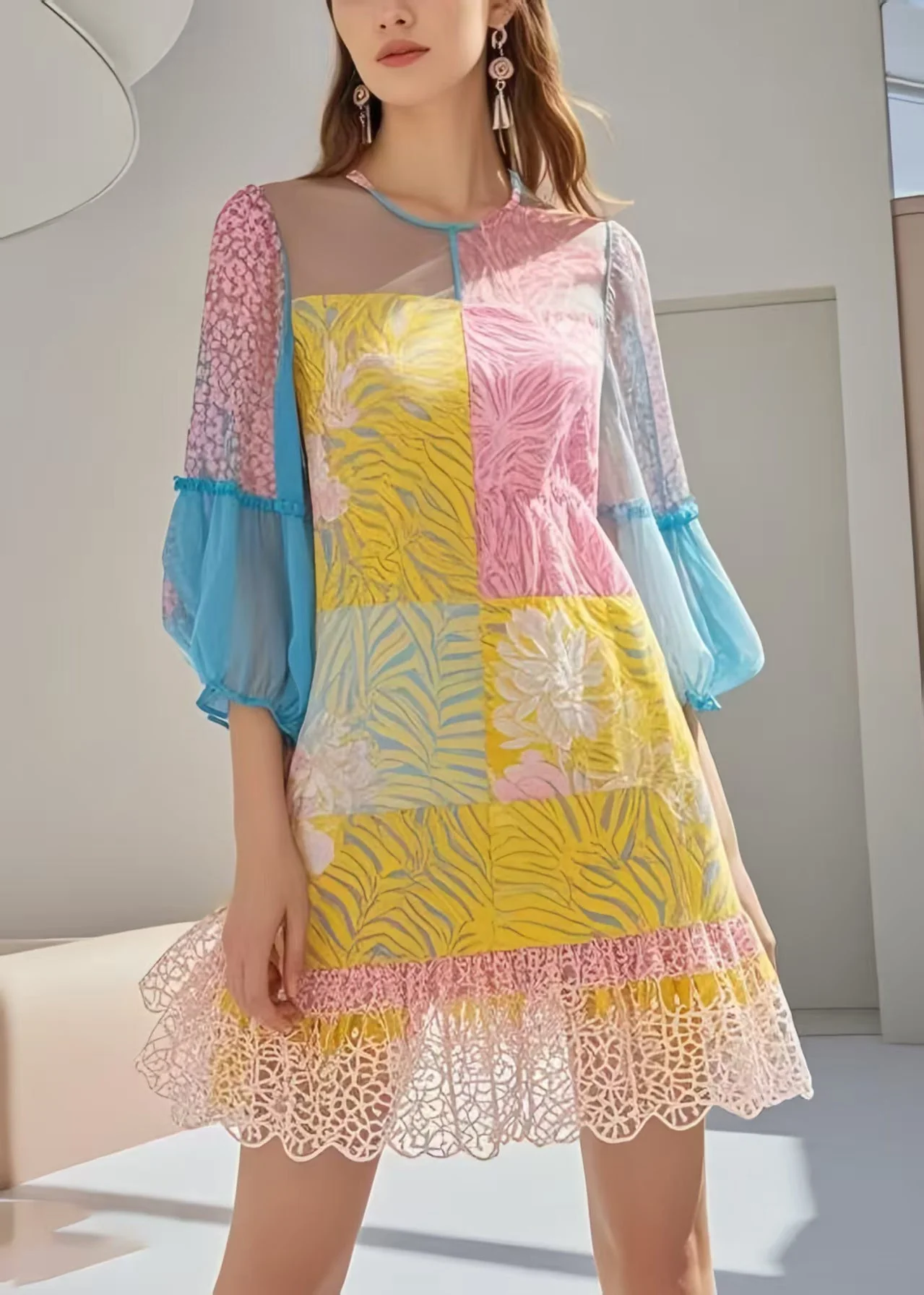 Style Polychrome Patchwork Lace Chiffon Holiday Dresses Summer - Image 3