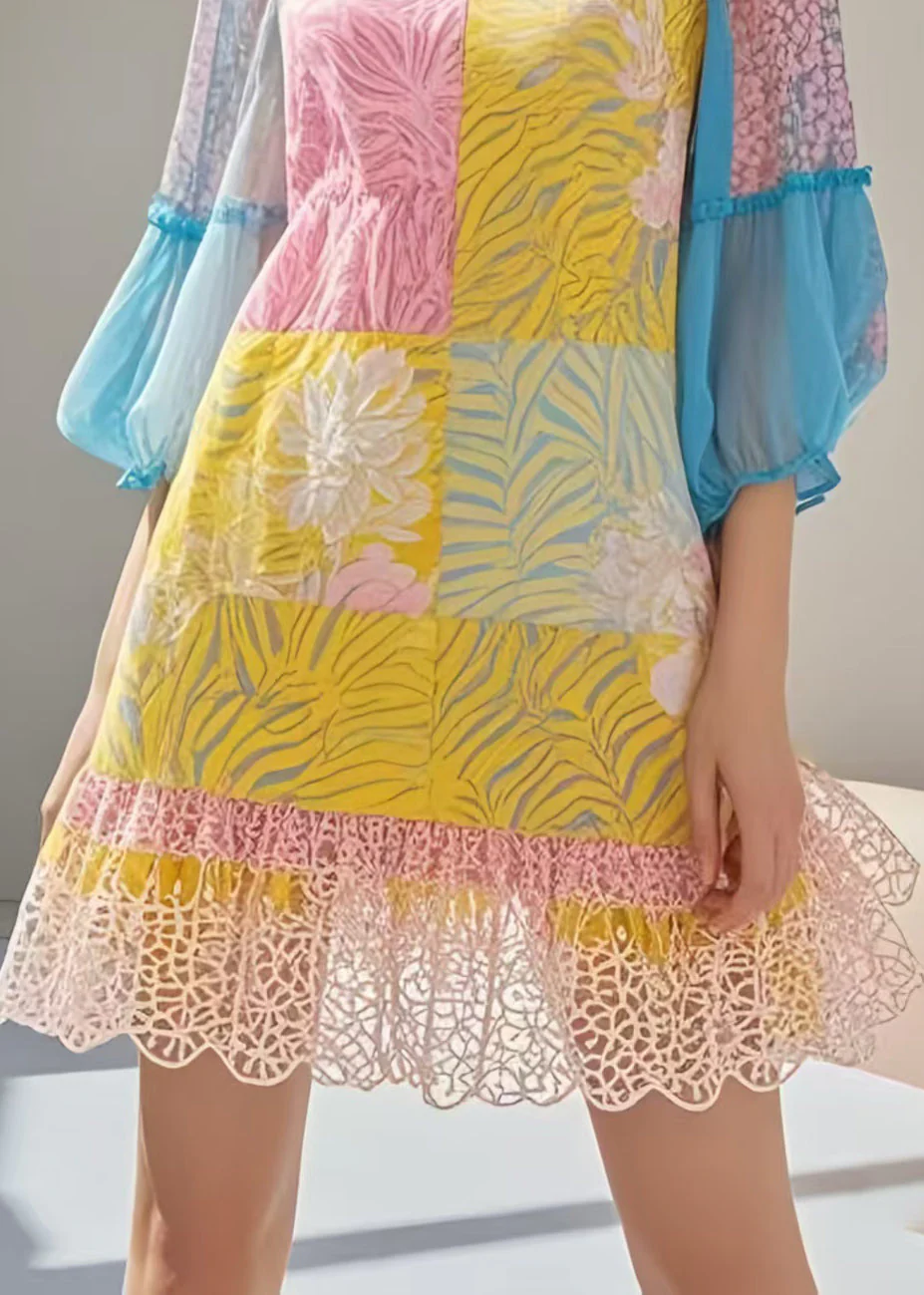 Style Polychrome Patchwork Lace Chiffon Holiday Dresses Summer - Image 4