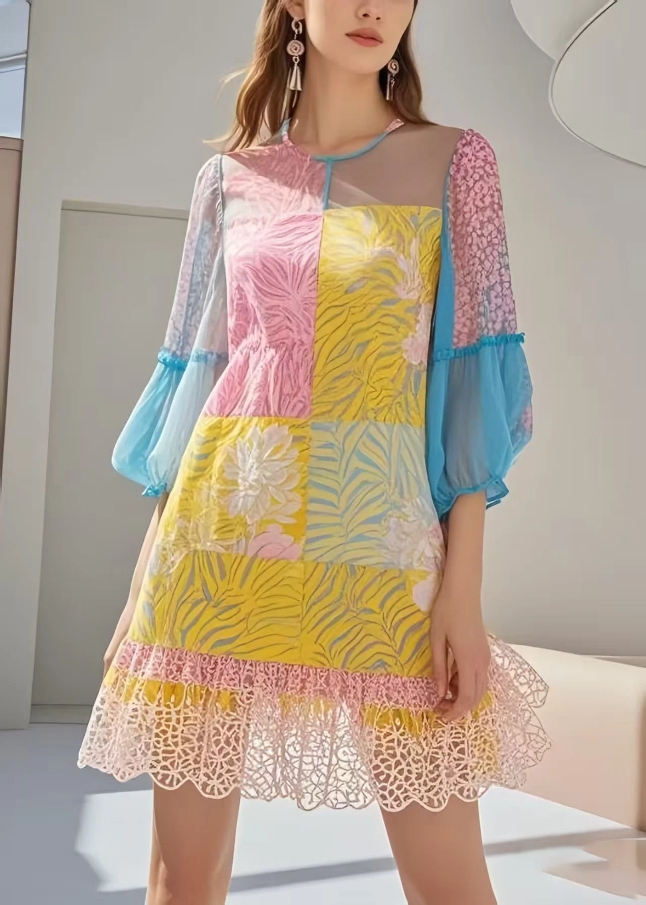 Style Polychrome Patchwork Lace Chiffon Holiday Dresses Summer - Image 5