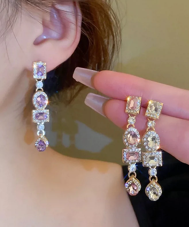 Style Purple Alloy Zircon Water Drople Drop Earrings - Image 3