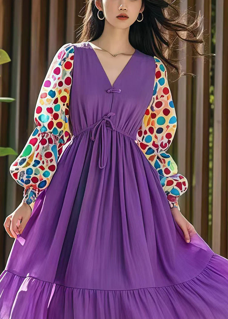 Style Purple Cinched Patchwork Print Cotton Dress Fall - Image 2