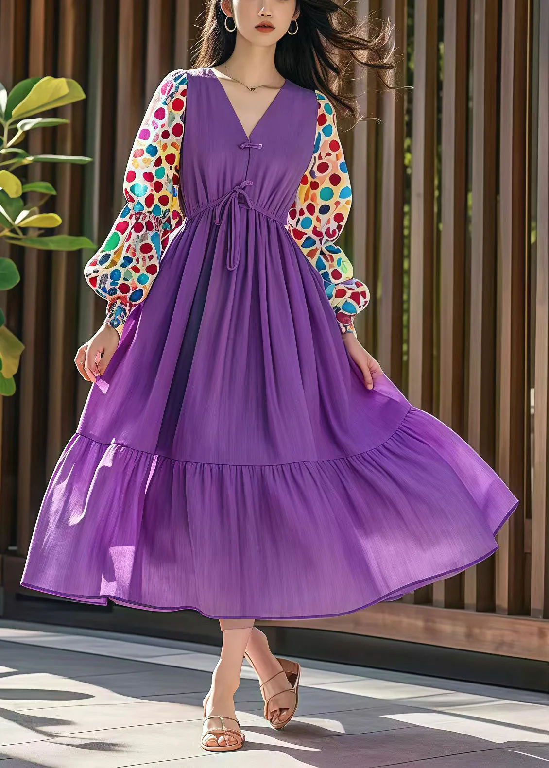 Style Purple Cinched Patchwork Print Cotton Dress Fall - Image 3