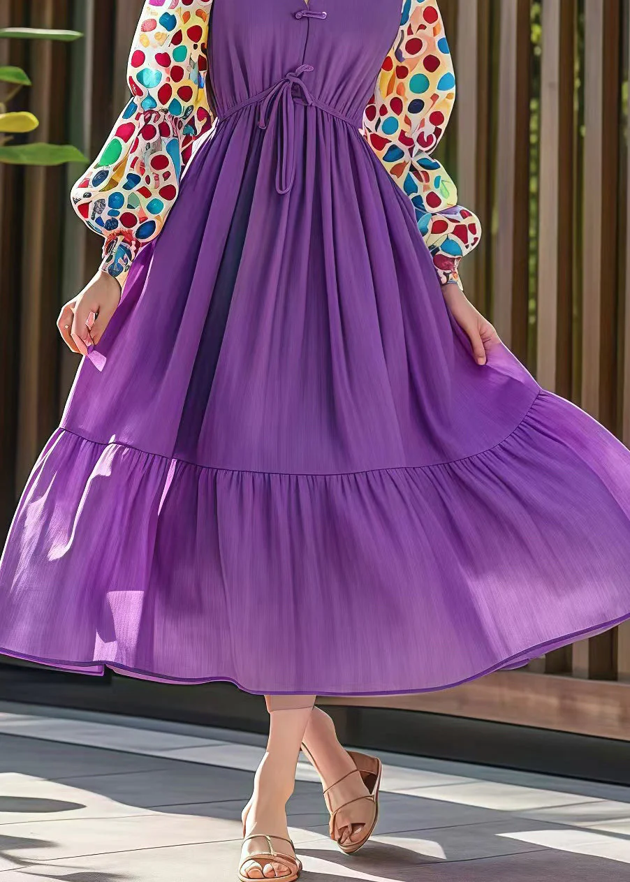 Style Purple Cinched Patchwork Print Cotton Dress Fall - Image 4