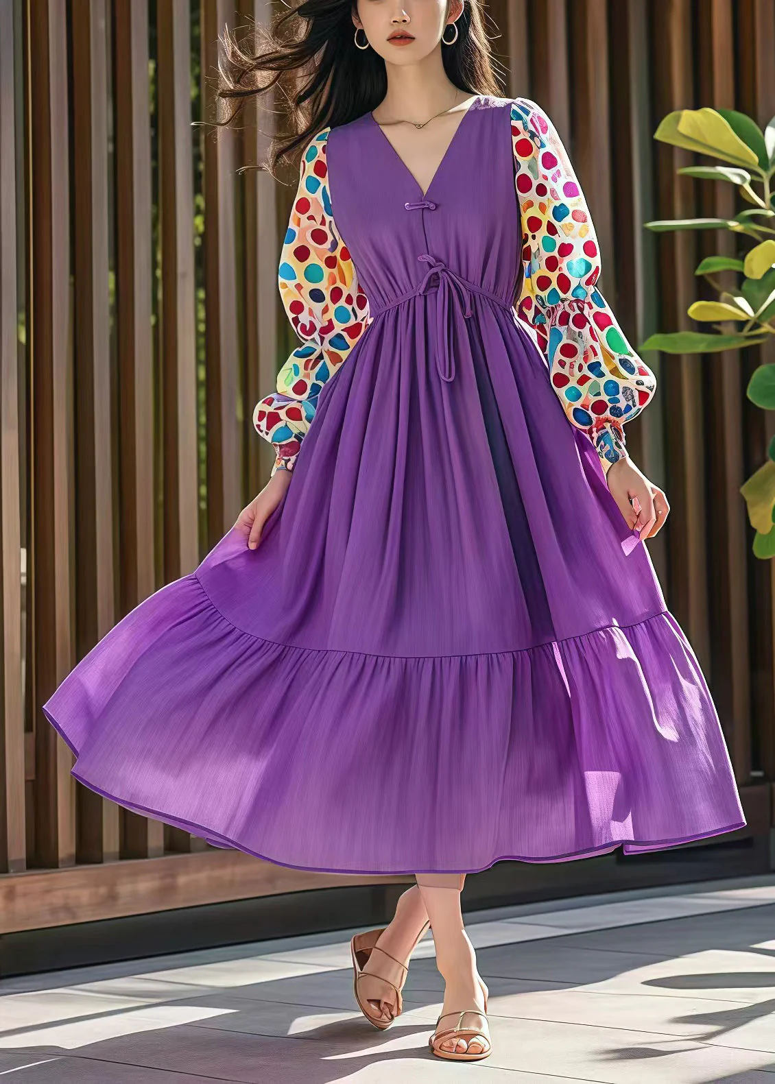 Style Purple Cinched Patchwork Print Cotton Dress Fall - Image 5