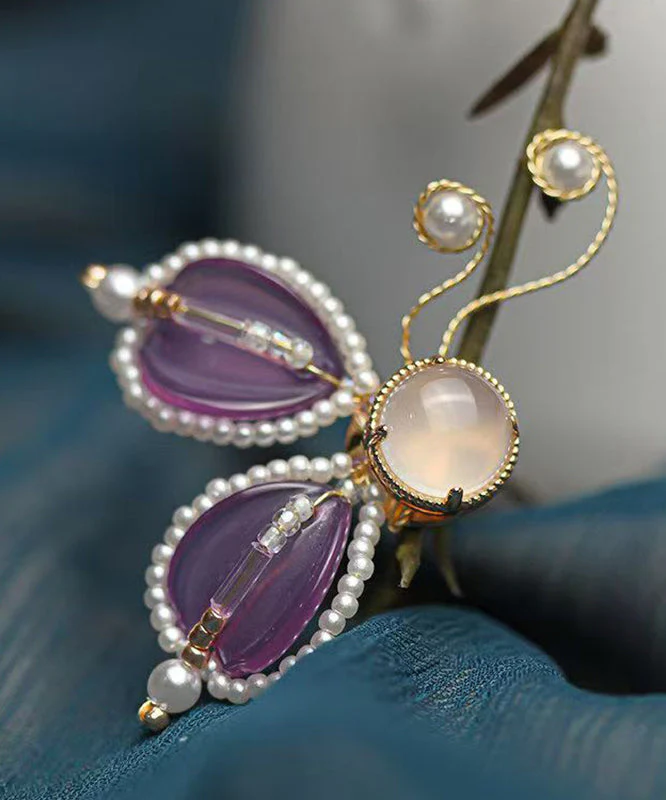 Style Purple Copper Alloy Pearl Coloured Glaze Agate Butterfly A Pair Hairpin - Image 2