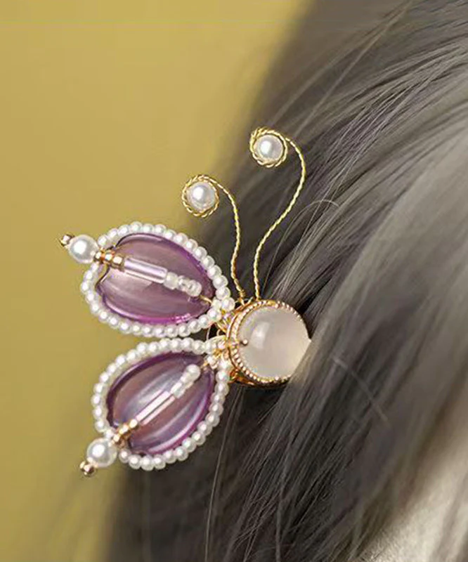 Style Purple Copper Alloy Pearl Coloured Glaze Agate Butterfly A Pair Hairpin - Image 3