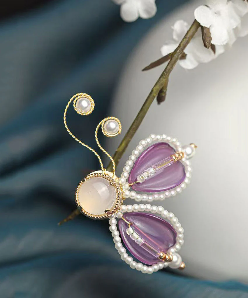 Style Purple Copper Alloy Pearl Coloured Glaze Agate Butterfly A Pair Hairpin - Image 5