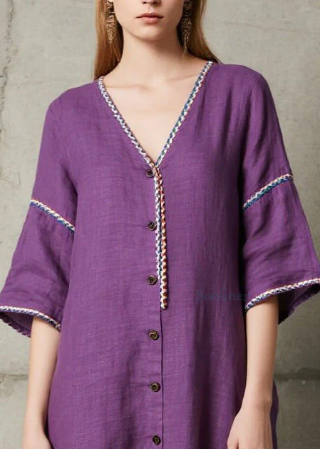 Style Purple Embroidered Button Cotton Long Dress Summer - Image 2