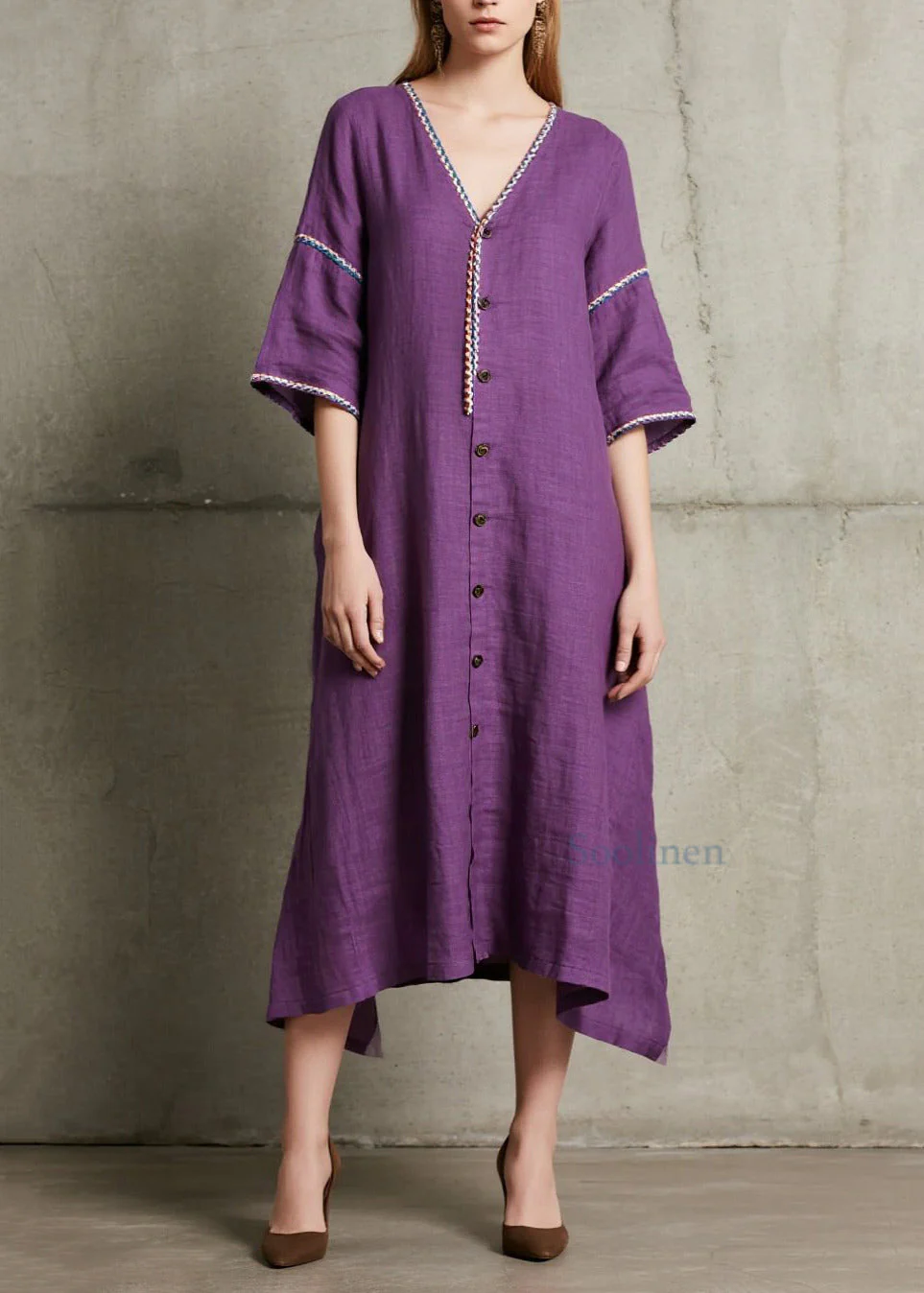 Style Purple Embroidered Button Cotton Long Dress Summer - Image 3