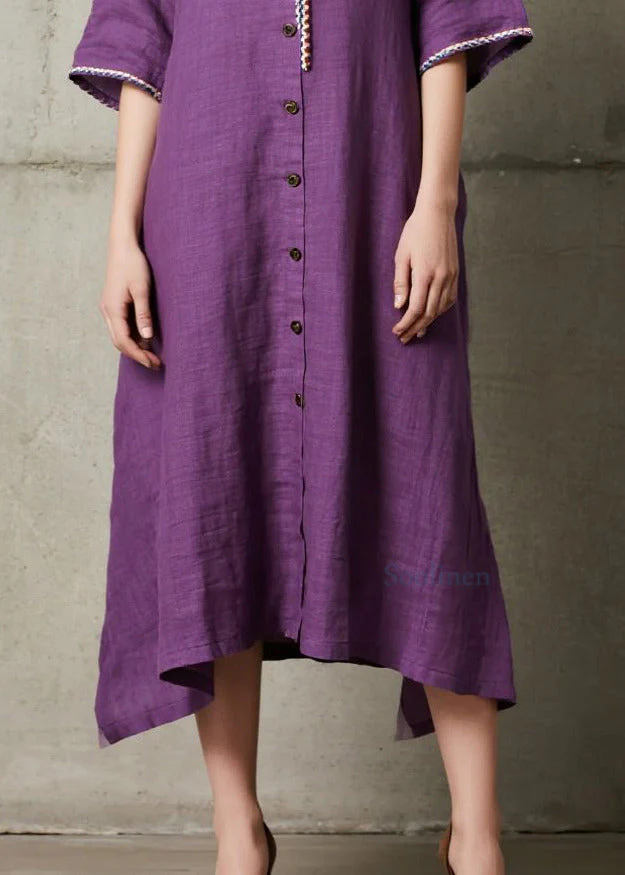 Style Purple Embroidered Button Cotton Long Dress Summer - Image 4