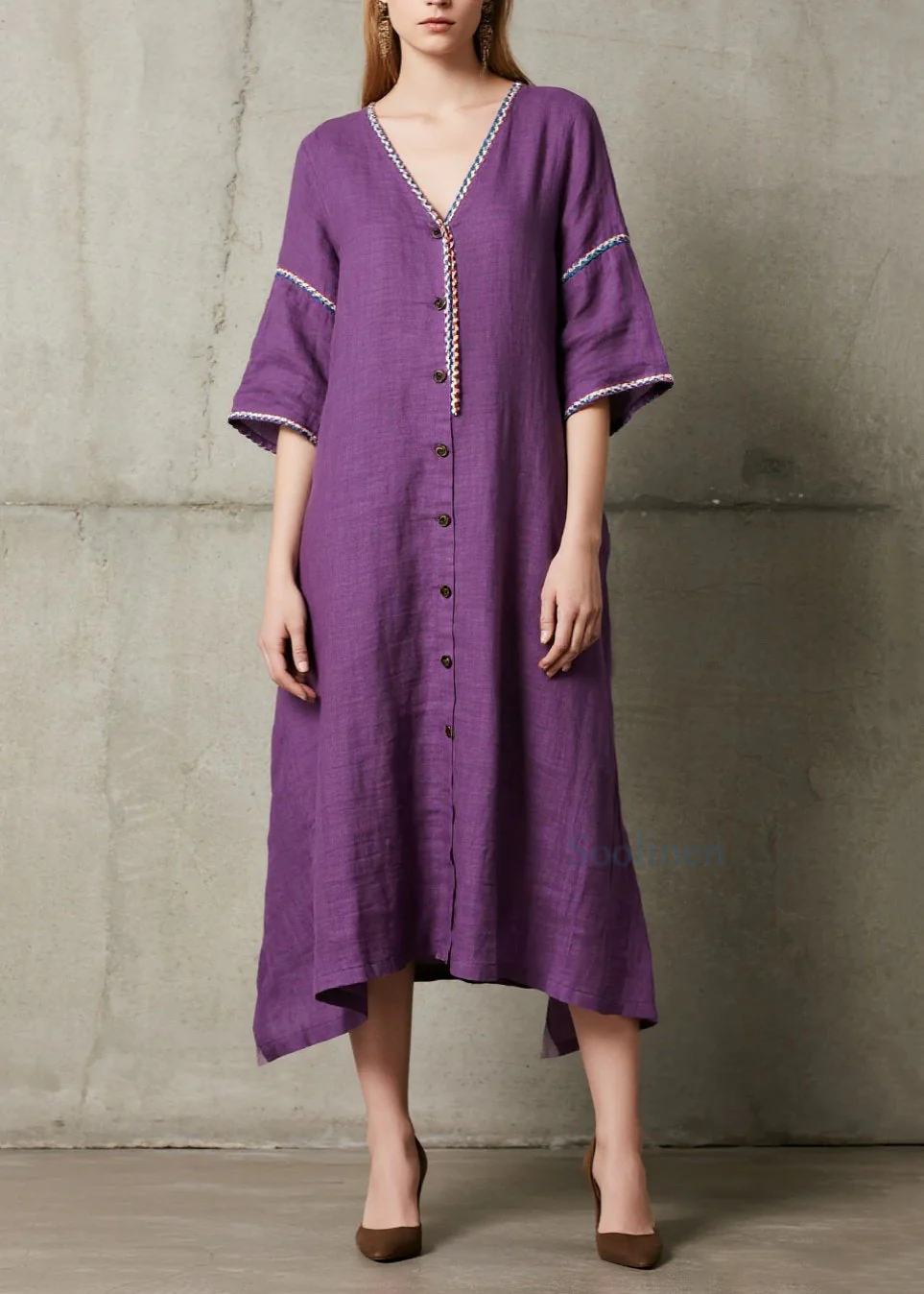Style Purple Embroidered Button Cotton Long Dress Summer - Image 5