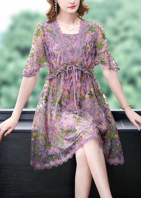 Style Purple Embroideried Lace Up Lace Maxi Dresses Summer - Image 2